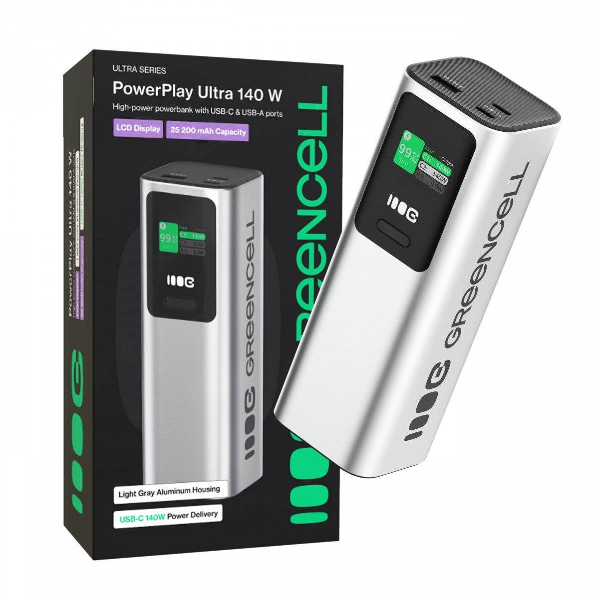 Green Cell PowerPlay Ultra Powerbank 25200mAh 140W PD USB C avec Charge Rapide pour Ordinateur Portable, MacBook, iPhone 16 15 14 Pro Max