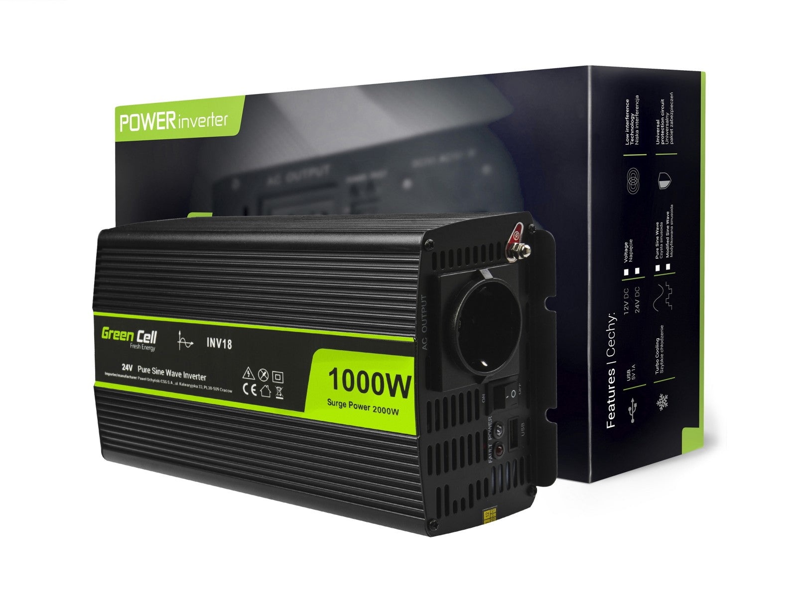 Green Cell INV18 adaptateur de puissance & onduleur Auto 1000 W Noir