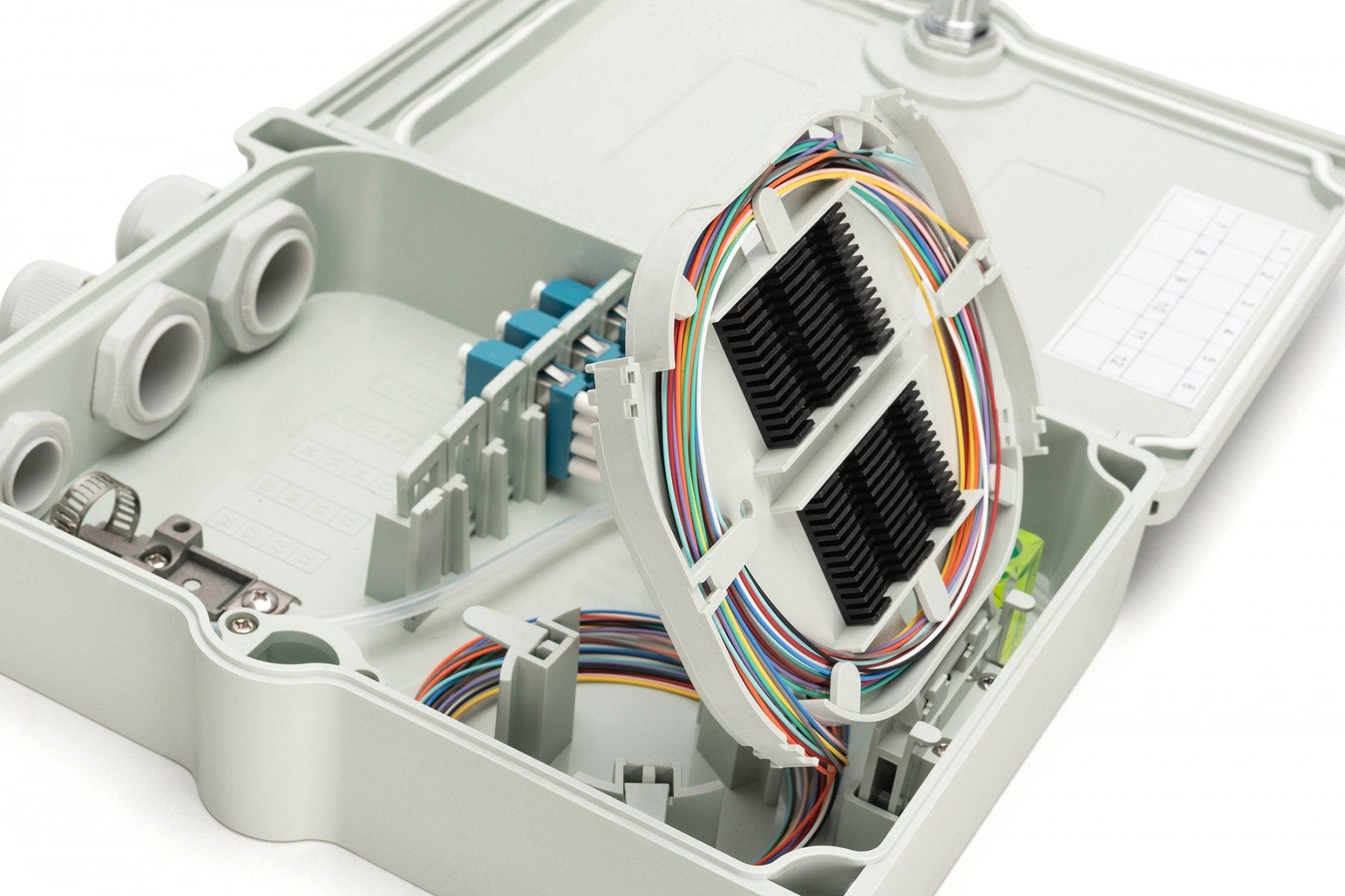 Boîte de distribution FTTH externe, 12 épissures, 12x (LC/PC), cassette d'épissure, 260x190x60 mm, IP65
