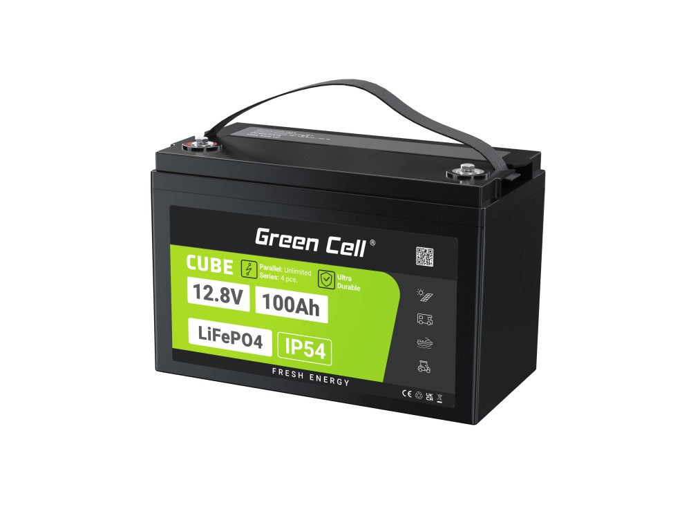 Green Cell LFPGC12V100AH CUBE Batterie LiFePO4 100Ah 12.8V 1280Wh Lithium-Fer-Phosphate pour Photovoltaique, Caravanes, Bateaux