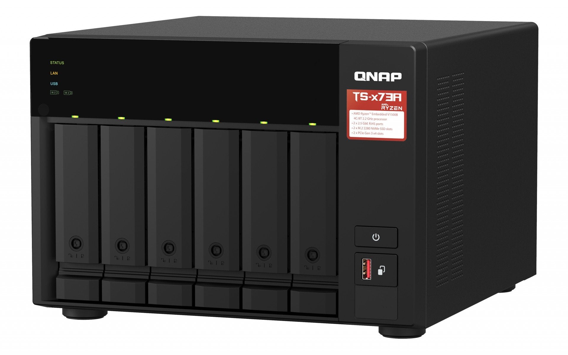 QNAP 6-bay NAS AMD Ryzen Embedded V1500B 2.2GHz 8Go 6xSATA 6Gb/s bays 2xM.2 NVMe PCIe Gen3 SSD slots 2x2.5GbE LAN optional 10GbE