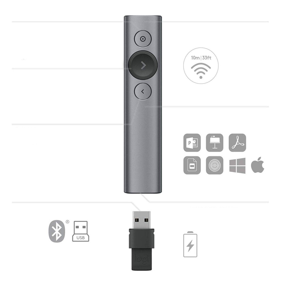 LOGITECH Spotlight Presentation remote control 3 buttons slate