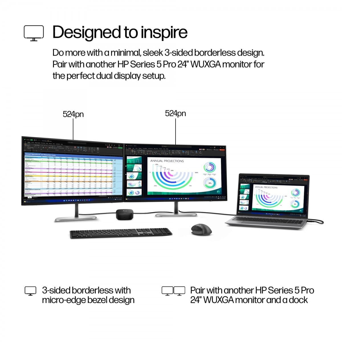 HP Écran Series 5 Pro- 524pn WUXGA 23.8p Moniteur 24 1920x1200 HDMI DP  3/3/0