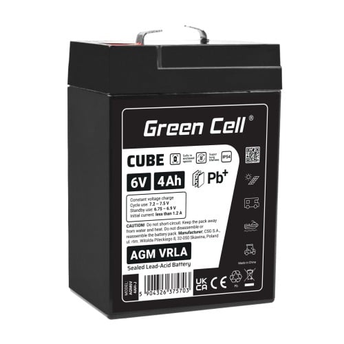 Batterie sans entretien Green Cell Cube AGM VRLA IP54 6V 4Ah pour systemes d'alarme, caisses enregistreuses, jouets