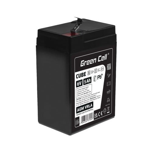 Batterie sans entretien Green Cell Cube AGM VRLA IP54 6V 5Ah pour systemes d'alarme, caisses enregistreuses, jouets