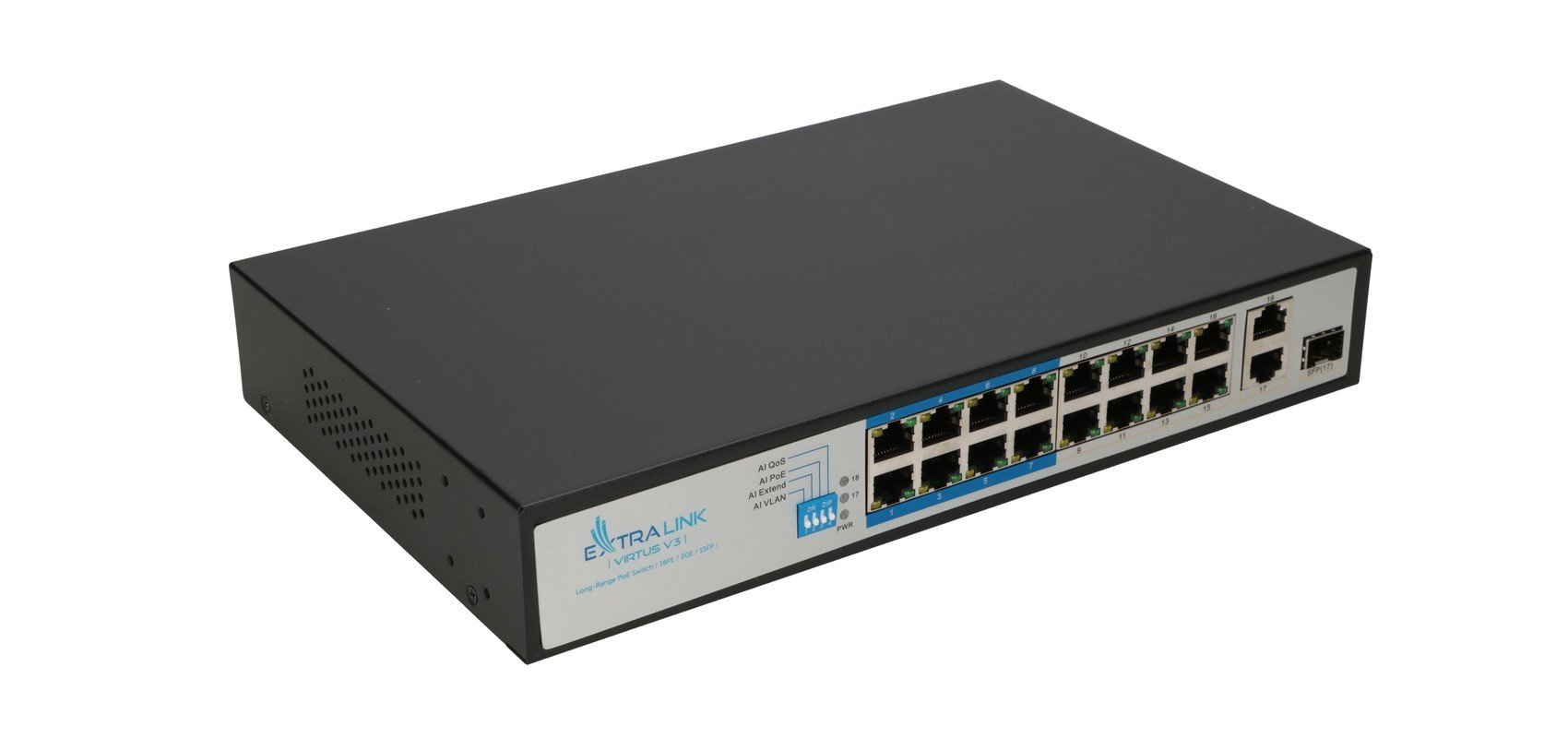 Extralink VIRTUS V3 Non-géré L2 Fast Ethernet (10/100) Connexion Ethernet, supportant l'alimentation via ce port (PoE) 1U Noir
