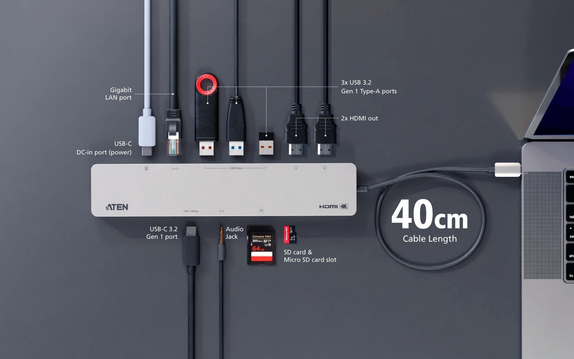 ATEN UH3240 station d accueil USB-C 11 en 1 Dual HDMI PD100W
