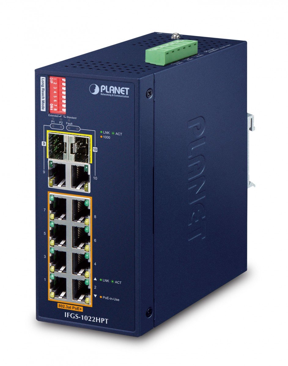 PLANET IFGS-1022HPT commutateur réseau Non-géré Fast Ethernet (10/100) Connexion Ethernet, supportant l'alimentation via ce port (PoE) Bleu