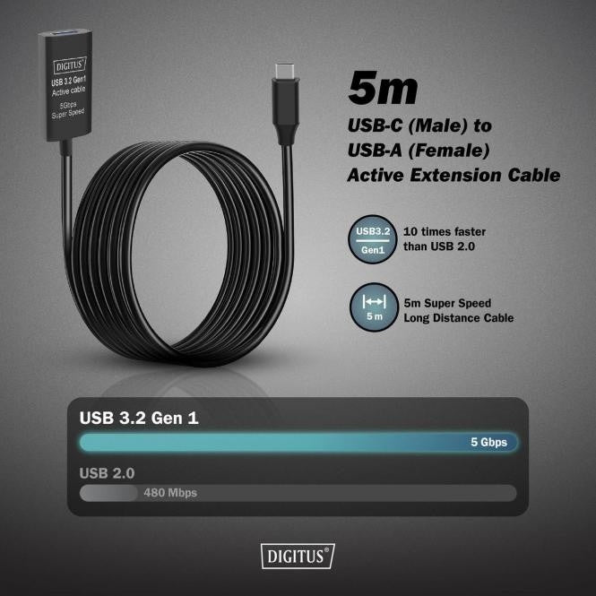 Câble d'extension actif, USB 3.0 5Gbps, USB-C - USB-A, 5m