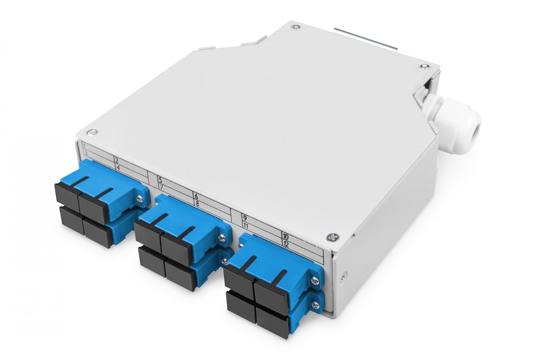 Boîte de raccordement fibre optique sur rail DIN, 6x SC duplex OS2 avec plateau de raccordement et pigtails, gris