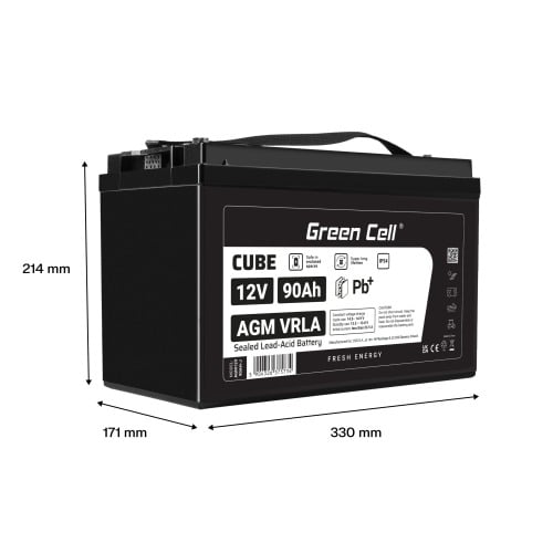 Batterie sans entretien Green Cell Cube AGM VRLA IP54 12V 90Ah pour camping-cars, photovoltaiques, panneaux solaires et bateaux