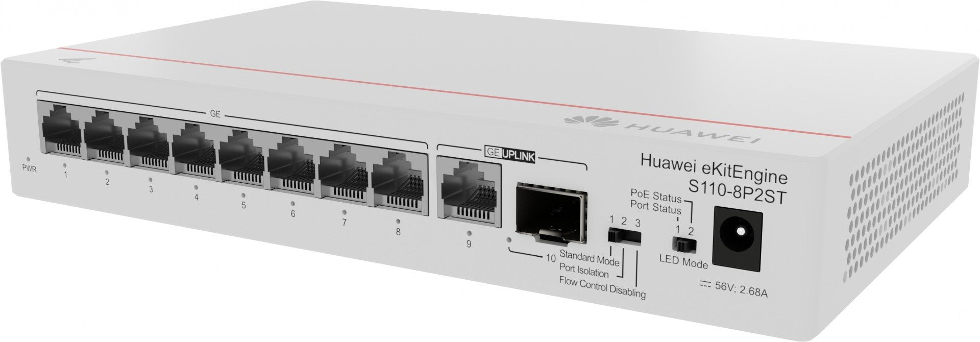 Huawei Switch S110-8P2ST (8*GE ports (124W PoE+), 1*GE SFP port, 1*GE port, AC power, power adapter)
