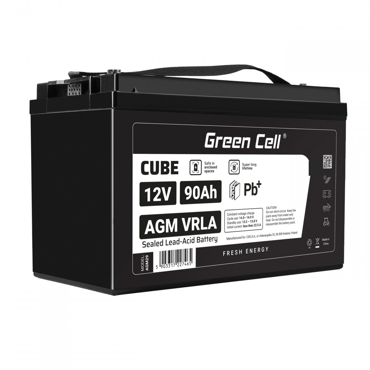 Batterie sans entretien Green Cell Cube AGM VRLA IP54 12V 90Ah pour camping-cars, photovoltaiques, panneaux solaires et bateaux