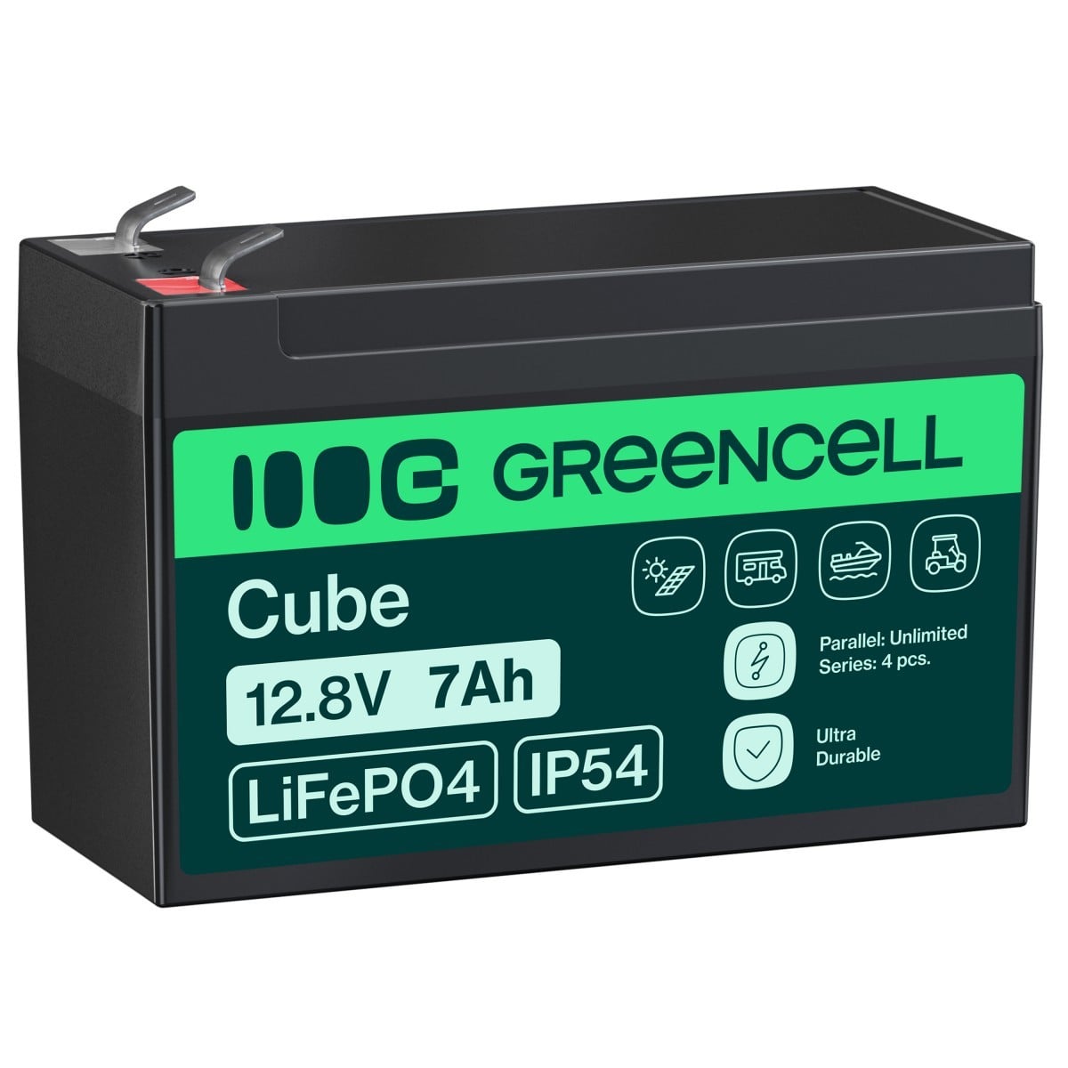 Green Cell LFPGC12V7AH CUBE Batterie LiFePO4 7Ah 12.8V 89.6Wh Lithium-Fer-Phosphate pour alimentations UPS, Surveillance de sécurité