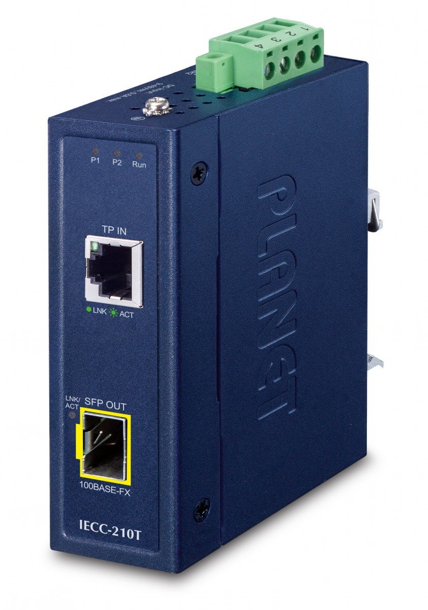 Planet IECC-210T Industrial 1-Port 100TX + 1-Port 100FX SFP EtherCAT Media Converter (RJ45 In, SFP Out, -40~75 degrees C, Dual 9~48V DC,  BECKHOFF EtherCAT conf