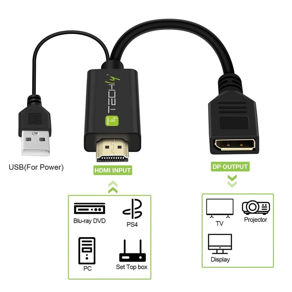 Techly ICOC HDMI-DP12A Adaptateur HDMI vers DisplayPort alimenté par USB 4K*30Hz M/F