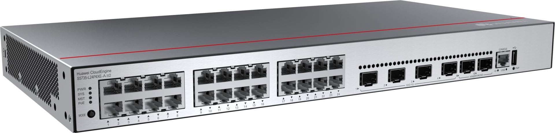 HUAWEI S5735-L24P4XE-A-V2 24x10/100/1000BASE-T Ports 4x10GE SFP+ ports 2x12GE Stack Ports PoE+ AC Power