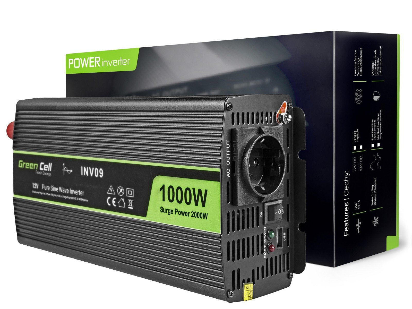 Green Cell INV09 adaptateur de puissance & onduleur Auto 1000 W Noir