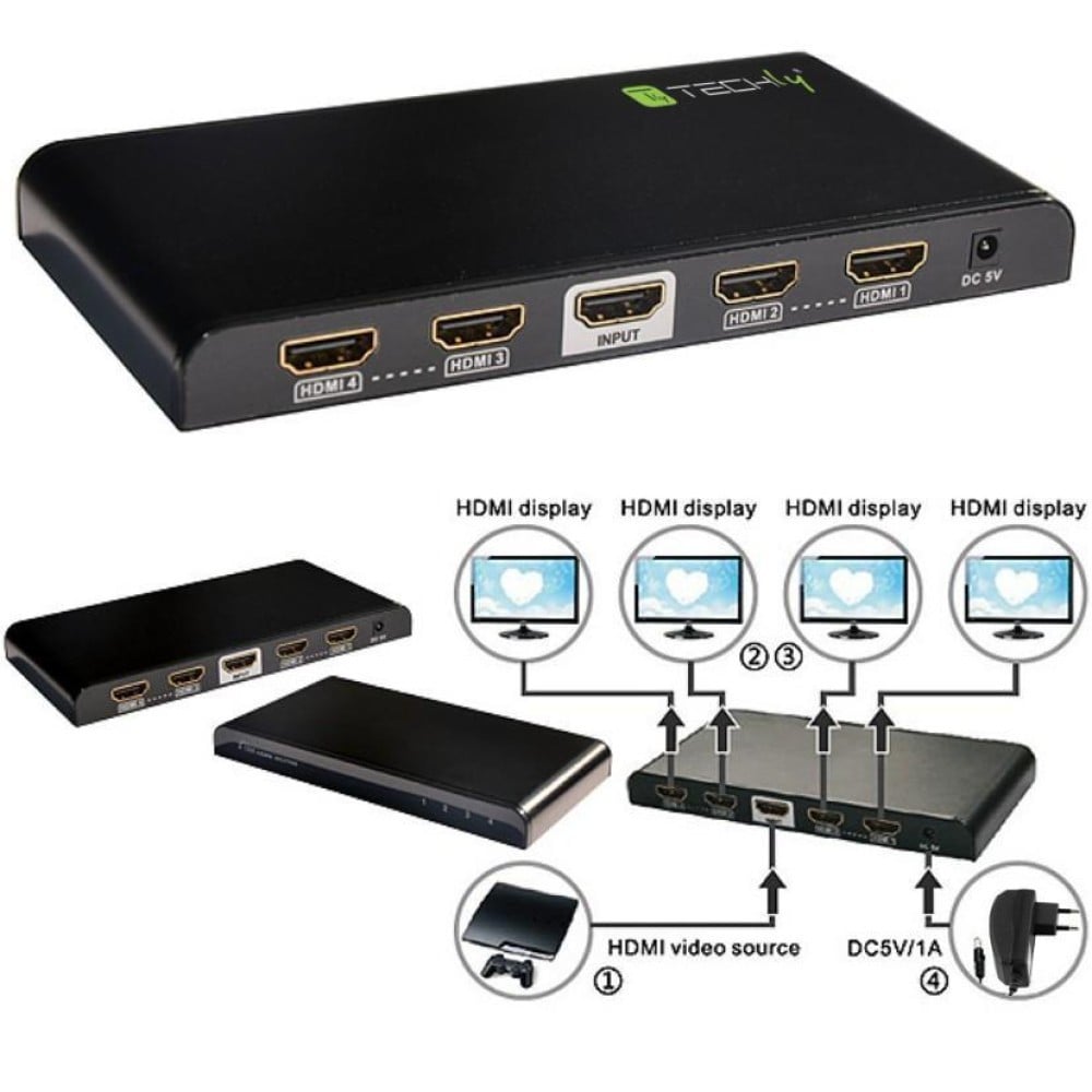 Techly IDATA HDMI2-4K4 Répartiteur HDMI 2.0 4K@60Hz 1x4 Actif