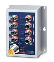 PLANET IP50 Ind 8-P 10/100TX M12 Non-géré Aucun Connexion Ethernet, supportant l'alimentation via ce port (PoE) Bleu, Gris