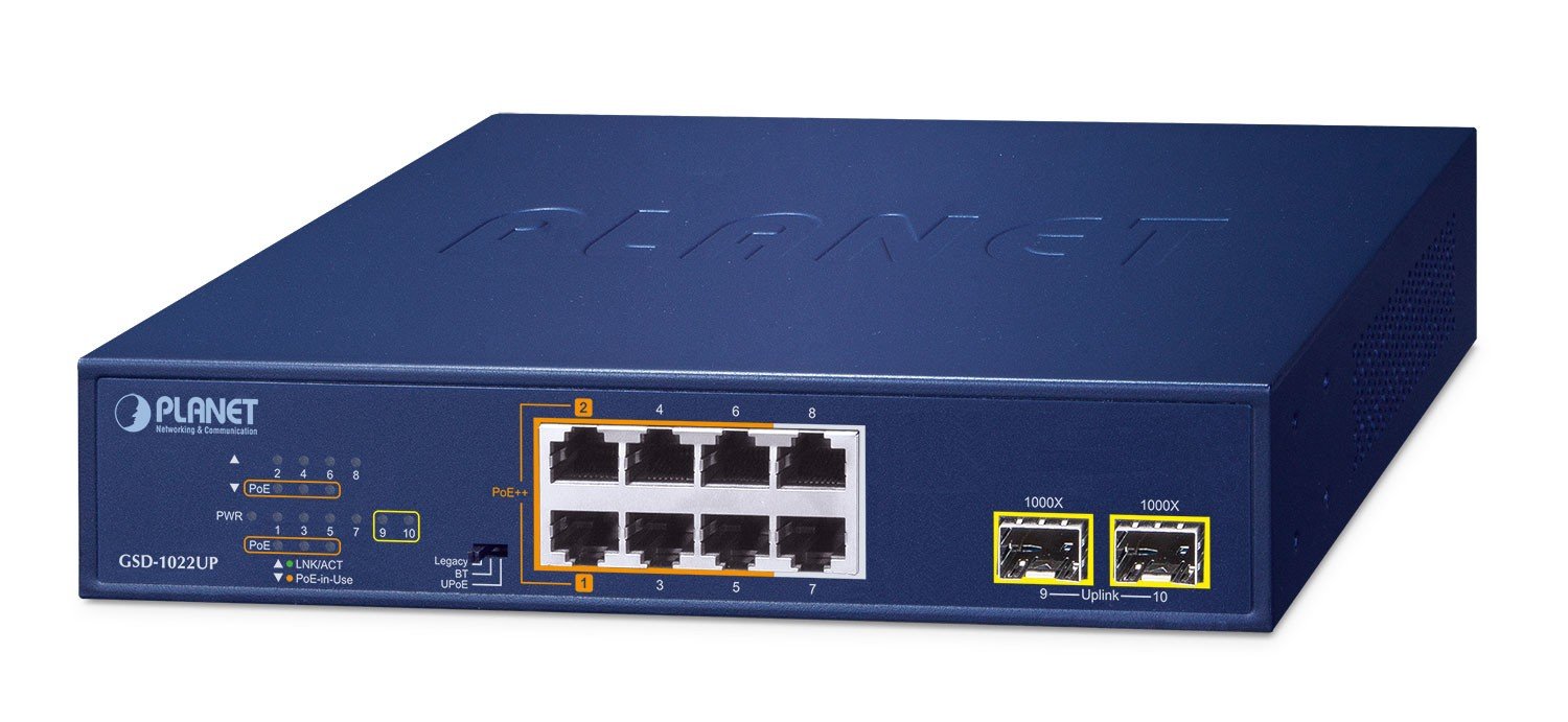 PLANET 2-Port 10/100/1000T 802.3bt Non-géré Gigabit Ethernet (10/100/1000) Connexion Ethernet, supportant l'alimentation via ce port (PoE) Bleu