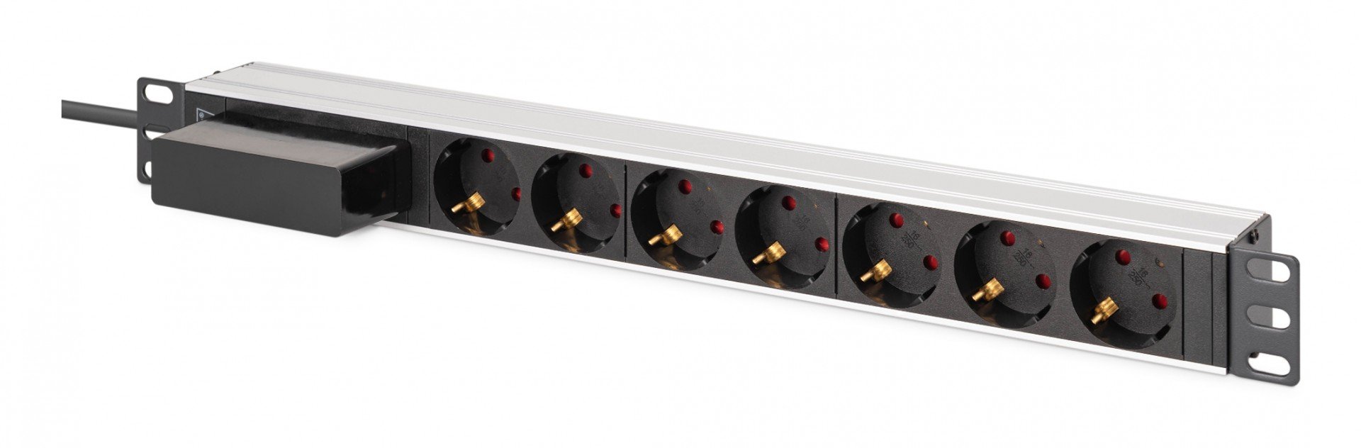 "Barre d'alimentation PDU Rack 19"" avec disjoncteur Type C 16A, 7 prises Schuko CEE 7/3 (45°), câble de 1,8 m, fiche Unischuko CEE 7/7, 16A, aluminium"