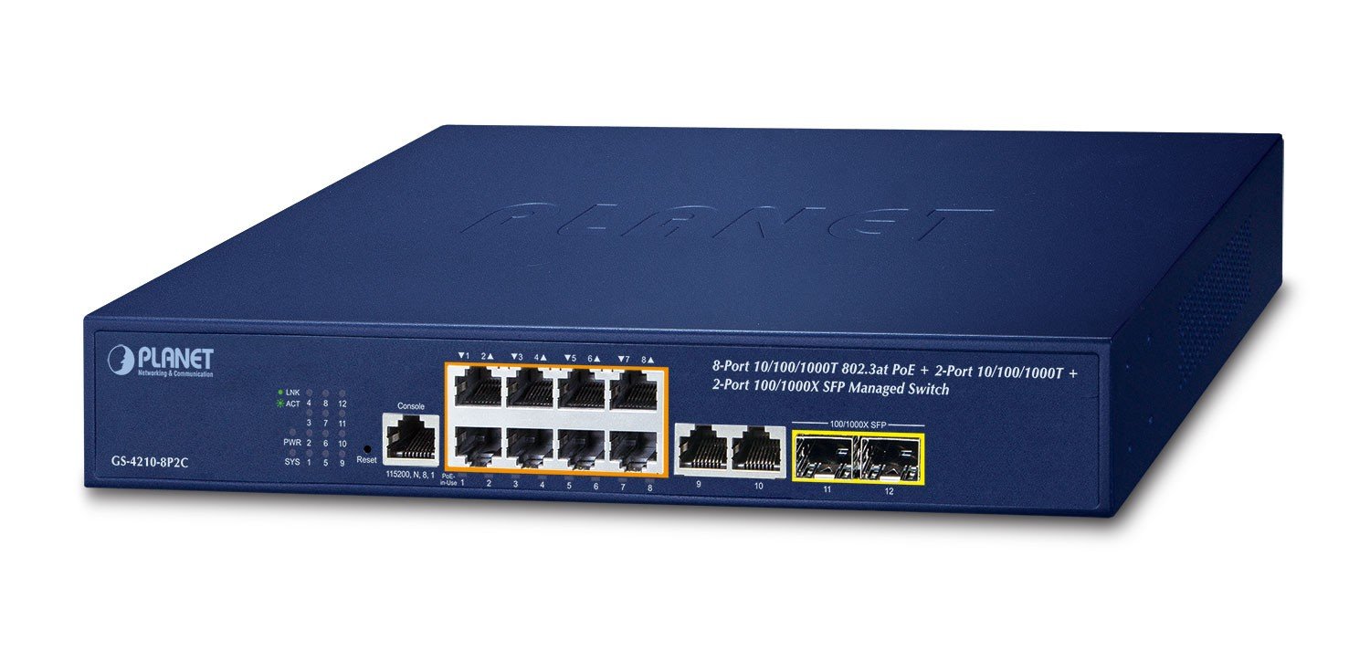 PLANET IPv4/IPv6, 8-Port Managed Géré L2/L4 Gigabit Ethernet (10/100/1000) Connexion Ethernet, supportant l'alimentation via ce port (PoE) 1U Bleu