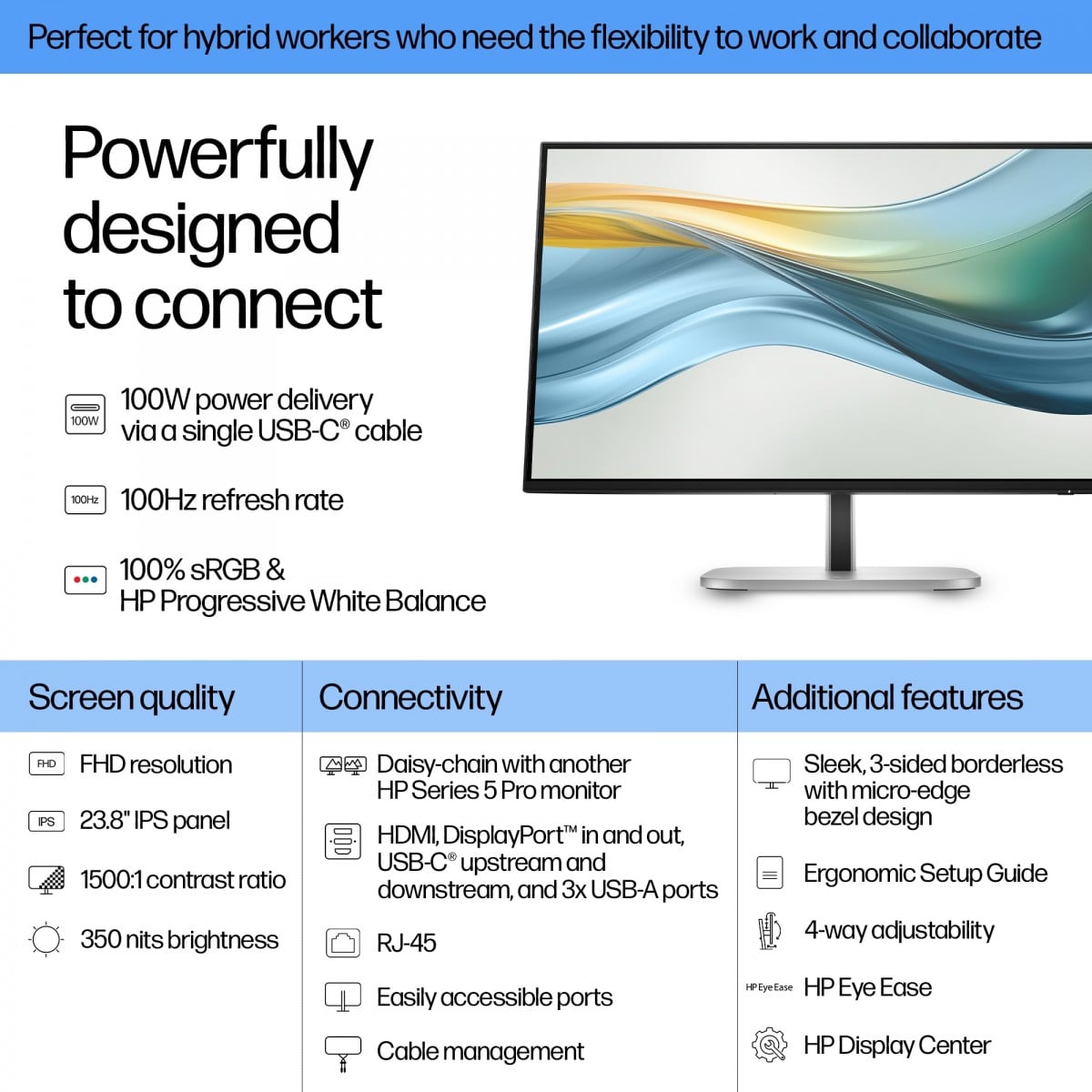 HP Écran Series 5 Pro- 524pu FHD 23.8p 1920 x 1080 HDMI DP USB-C  3/3/0