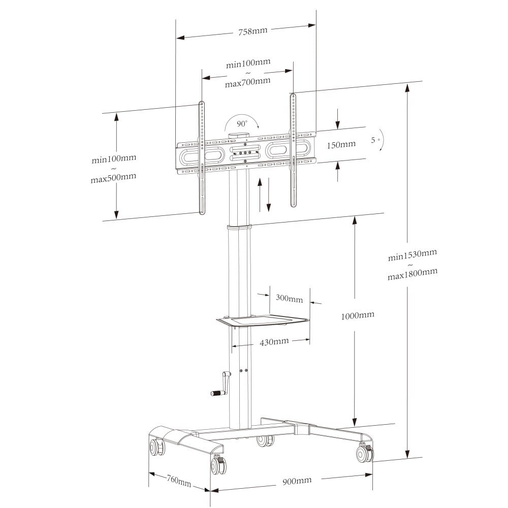 "Techly ICA-TR228 Support TV mobile 32-70"" jusqu'a 40kg avec réglage de hauteur fluide"
