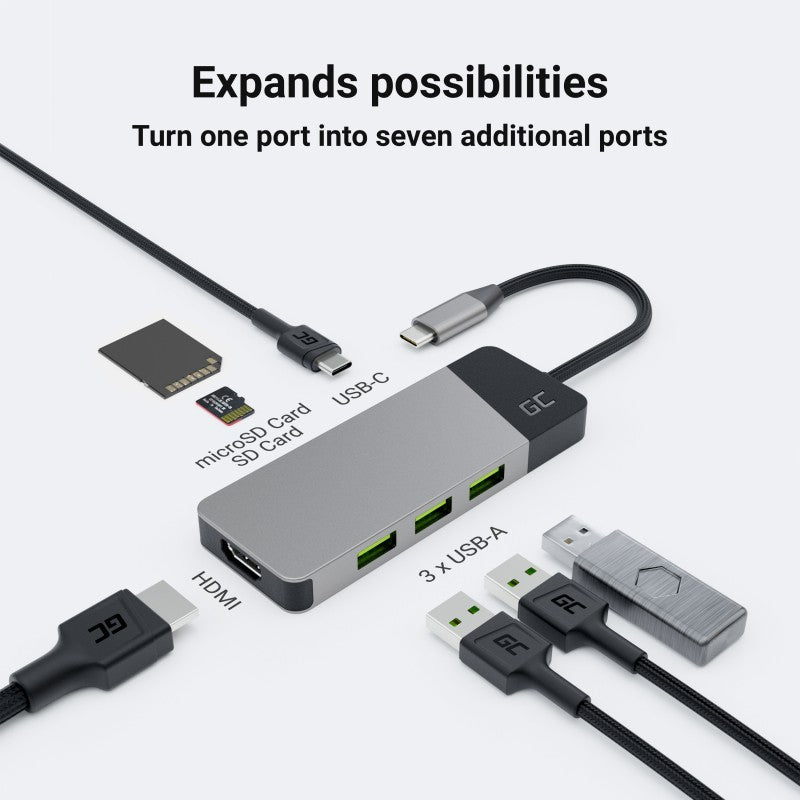 Green Cell HUBGC01 - USB Type-C - HDMI - USB 3.2 Gen 2 (3.1 Gen 2) Type-A - USB 3.2 Gen 2 (3.1 Gen 2) Type-C - MicroSD (TransFlash) - SD - 5000 Mbit/s - 60 Hz -