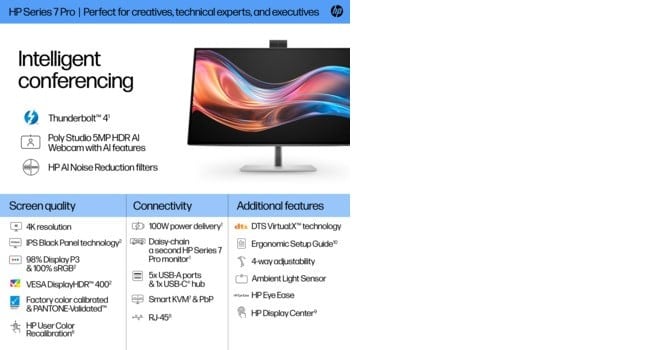 HP Écran pour conférence 4K Series 7 Pro 727pm avec webcam IA 5 Mpx HDR 27p 4K UHD 3840x2160 HDMI DisplayPort Thunder 3/3/0