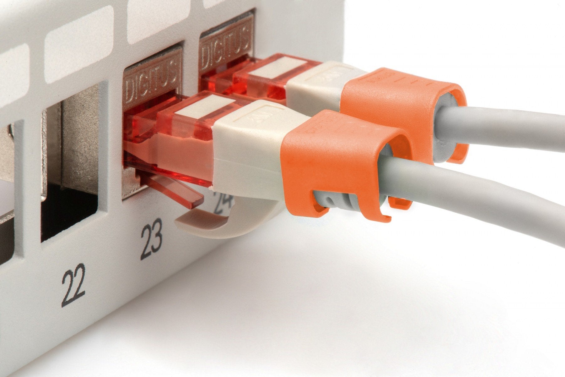 Clip coloré pour fiche RJ45, orange, paquet de 100 pieces.