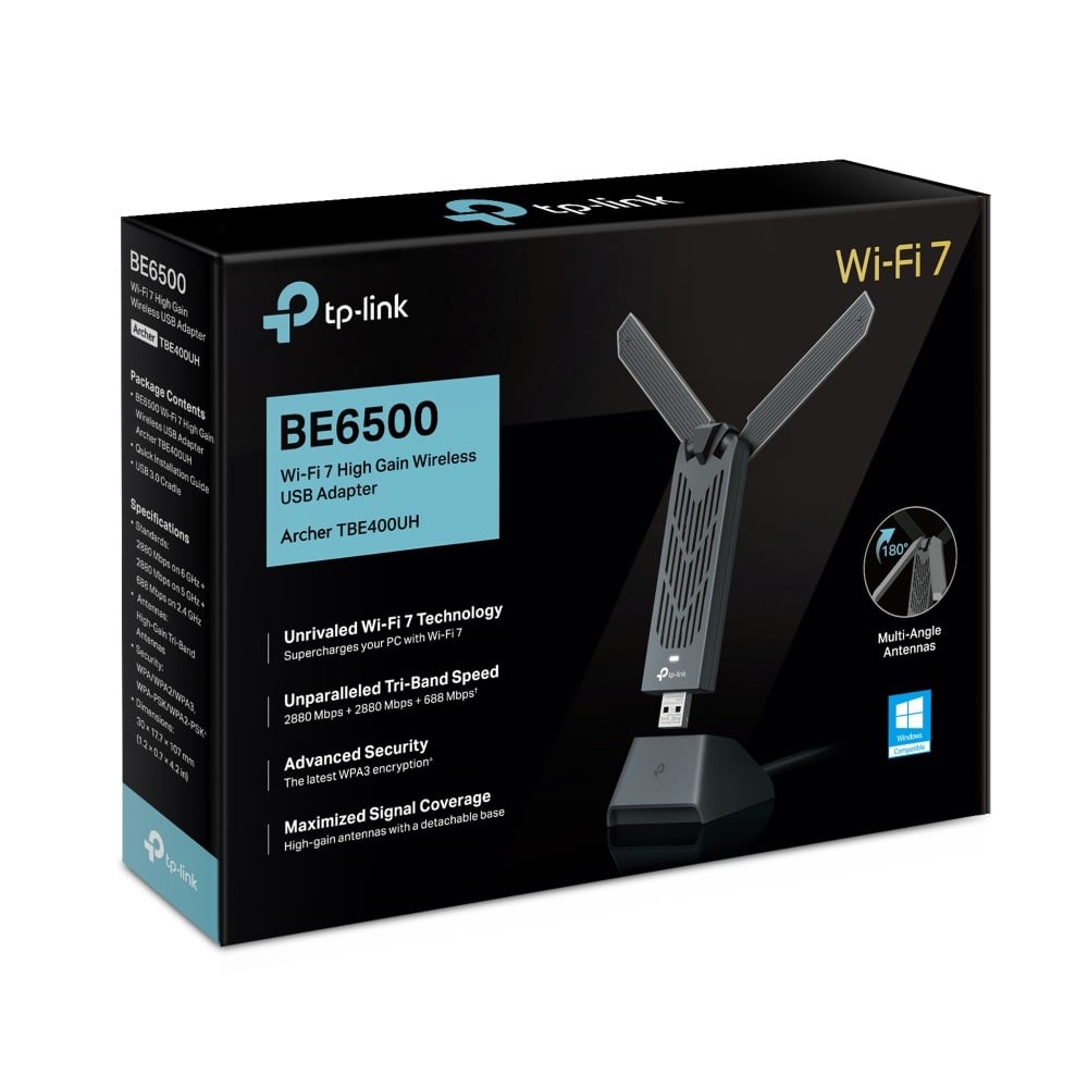 TP-LINK BE6500 High Gain Tri-Band Wi-Fi 7 USB Adapter 2882Mbps at 6GHz + 2882Mbps at 5GHz + 688Mbps at 2.4GHz