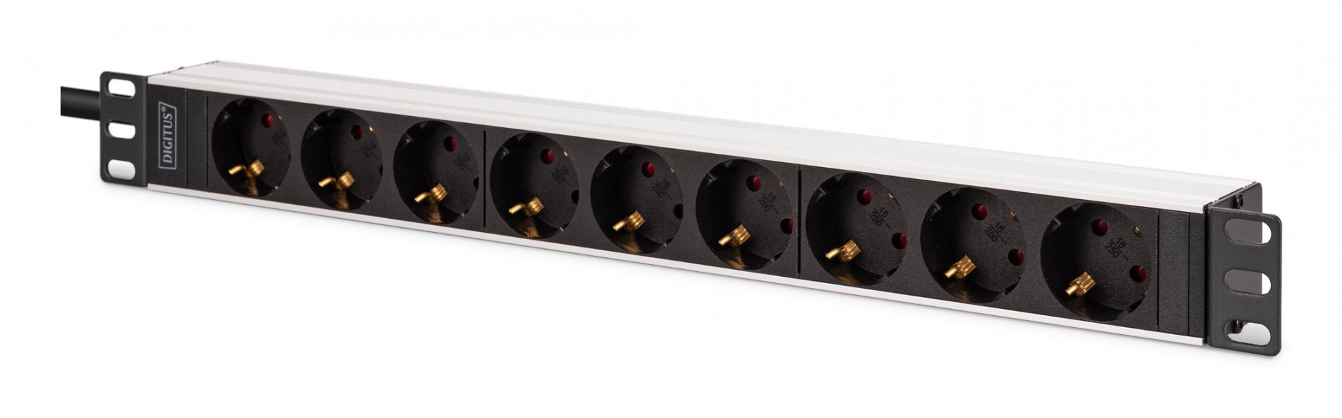 "Barre d'alimentation PDU Rack 19"", 9 prises Schuko CEE 7/3 (45°), câble de 2m, fiche IEC C20, 16A, aluminium"