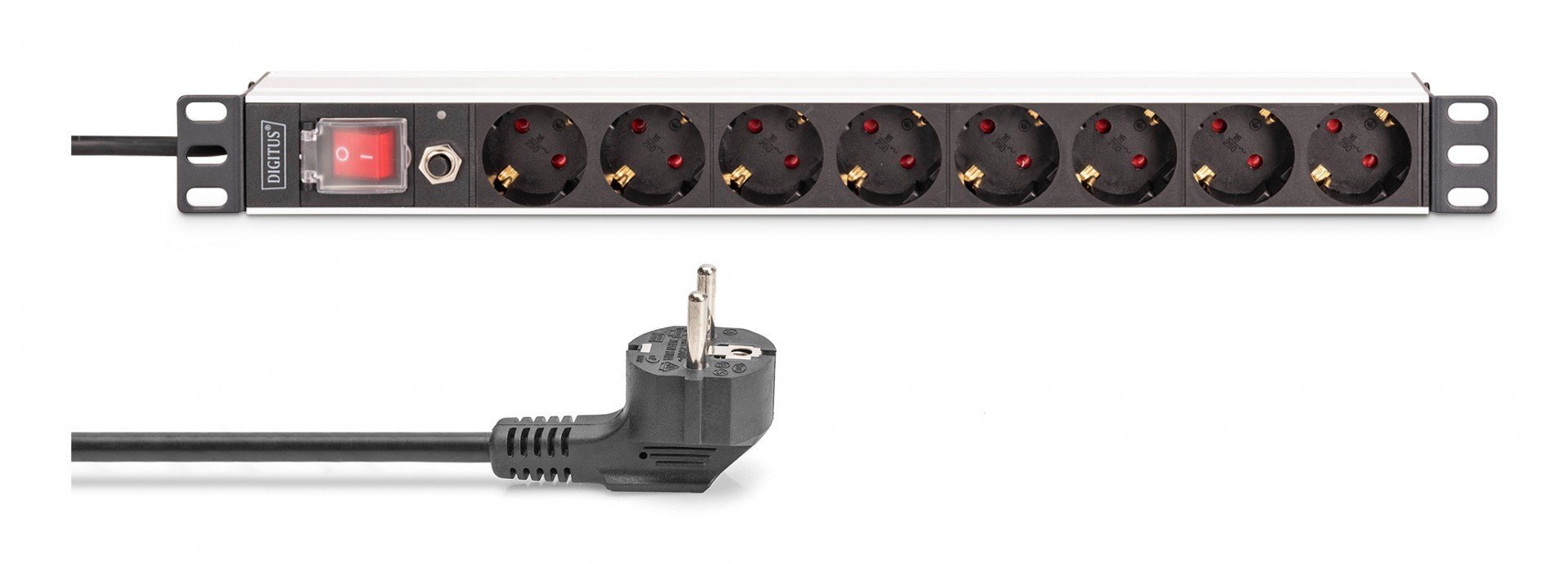 "Barre d'alimentation PDU Rack 19"" avec protection contre les surcharges, 8 prises Schuko CEE 7/3 (45°), câble de 2m, fiche Unischuko CEE 7/7, 16A, aluminium"