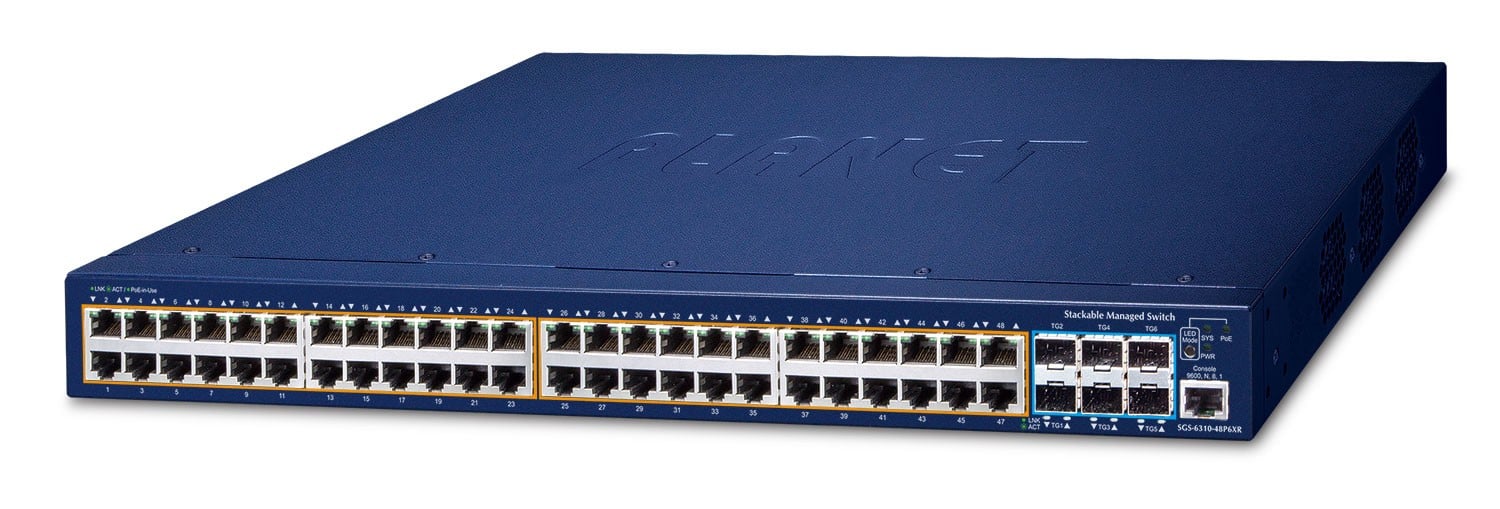 PLANET SGS-6310-48P6XR commutateur réseau Géré L3 Gigabit Ethernet (10/100/1000) Connexion Ethernet, supportant l'alimentation via ce port (PoE) 1U Bleu
