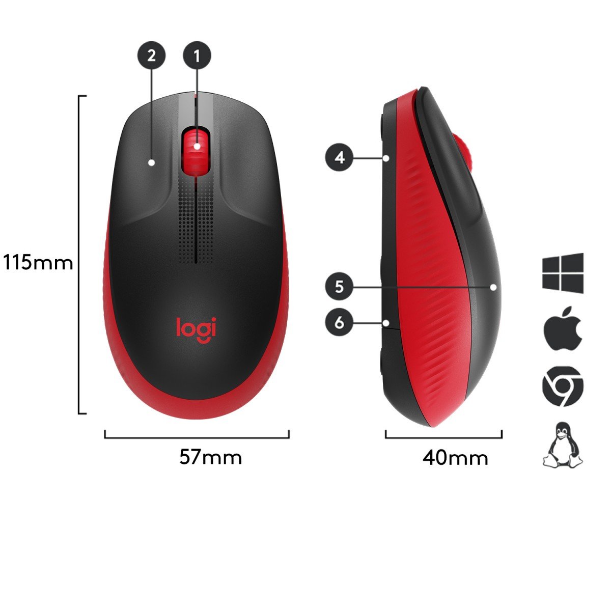 LOGITECH M190 Mouse optical 3 buttons wireless USB wireless receiver red