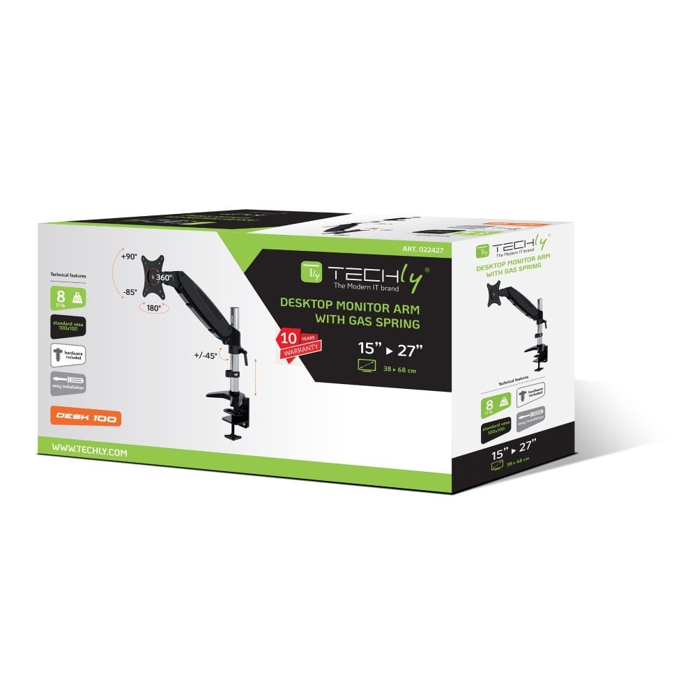 "Support de moniteur Techly ICA-LCD 111-BK 15-27"" LCD 8kg a ressort a gaz rotatif de bureau"