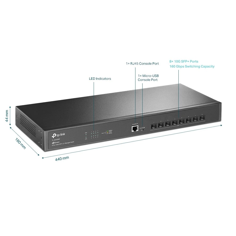 TP-LINK Omada 8-Port 10GE SFP+ L2+ Managed Switch 8x 10G SFP+ Slots RJ45/Micro-USB Console Port