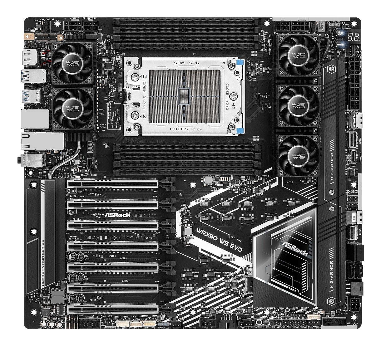 ASRock WRX90 WS EVO, 1xSKT LGA4844, AMD Threadripper PRO 9000, WRX90, SATA, NVMe, 2xM.2, 2x10GbE, IPMI