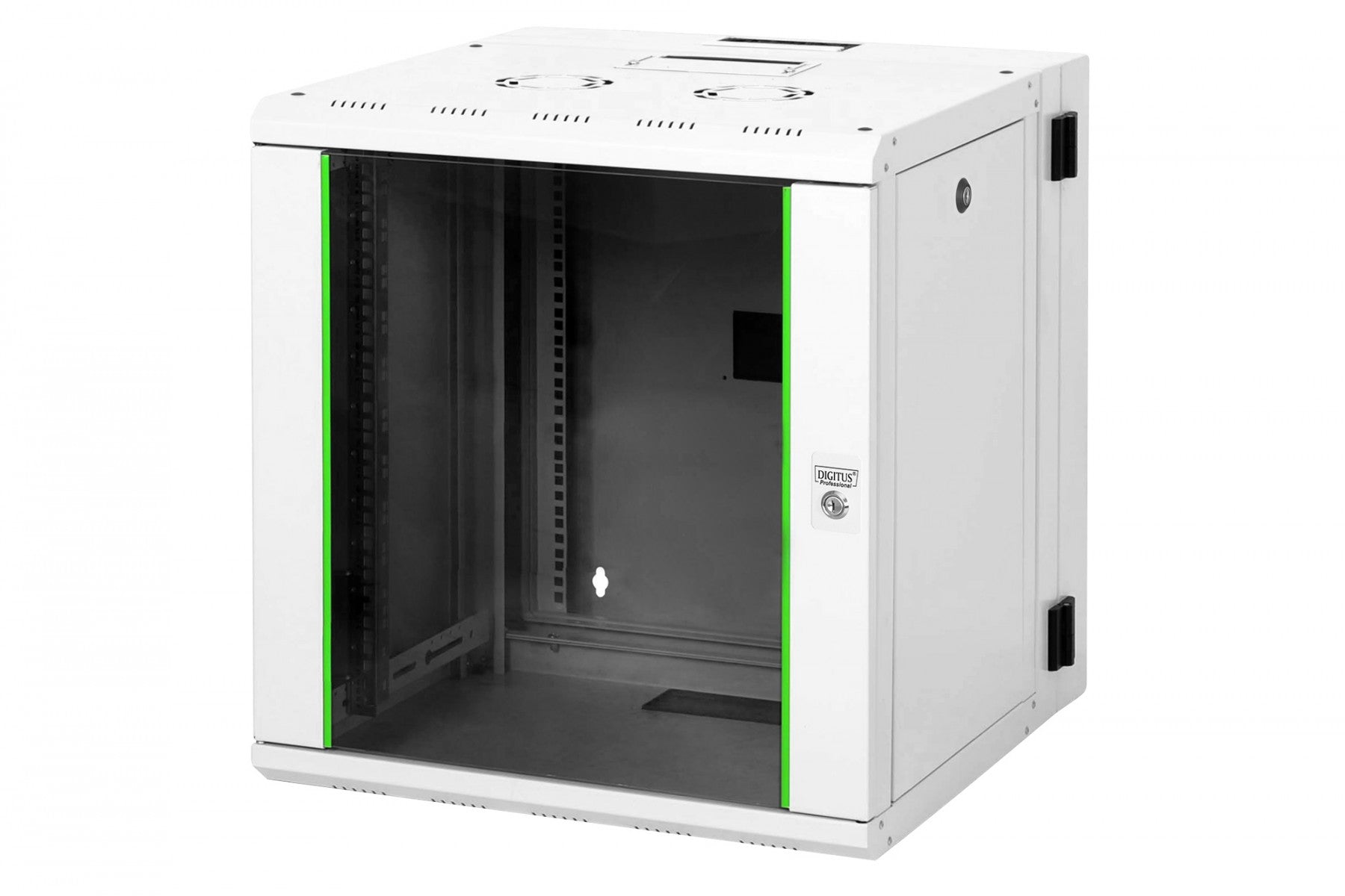 "Armoire réseau suspendue Unique 19"" 12U rack 600x600, porte en verre, grise, divisée, assemblée, 100kg double sectionnée, pivotante, grise (RAL 7035)"