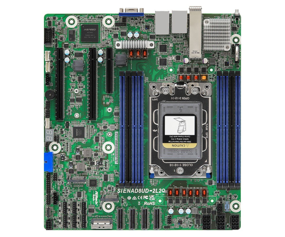 ASRock SIENAD8UD-2L2Q, 1xSKT SP6, AMD EPYC 8004, SoC, 8xDIMM, SATA, 2xM.2, 2xGbE, 2x25GbE, IPMI