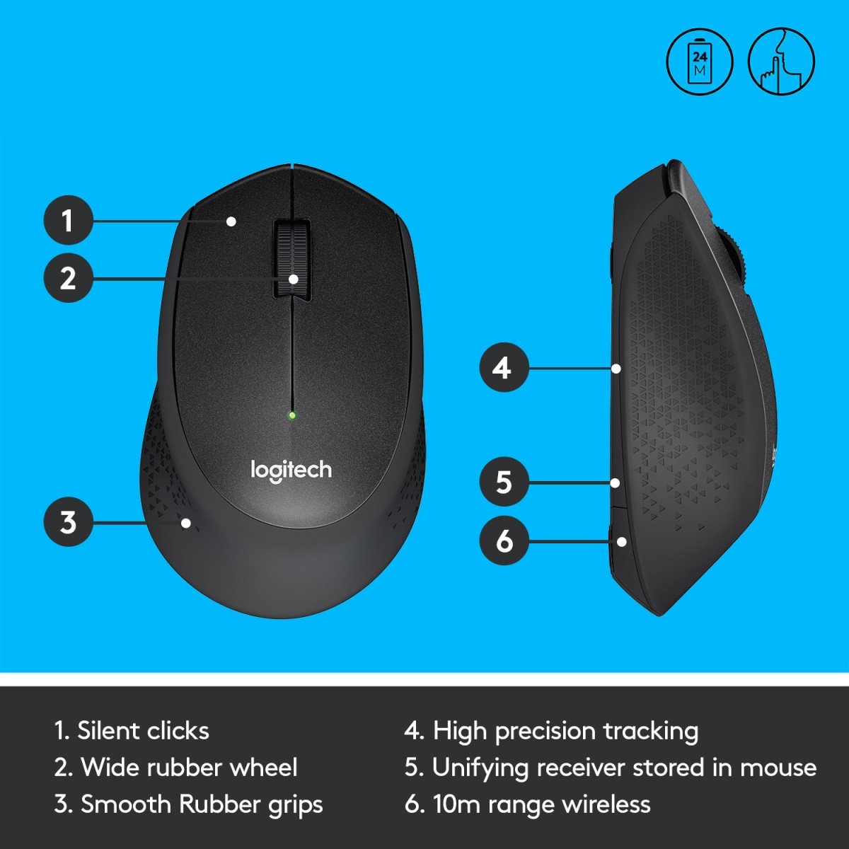 LOGITECH M330 SILENT PLUS Mouse 3 buttons wireless 2.4 GHz USB wireless receiver black