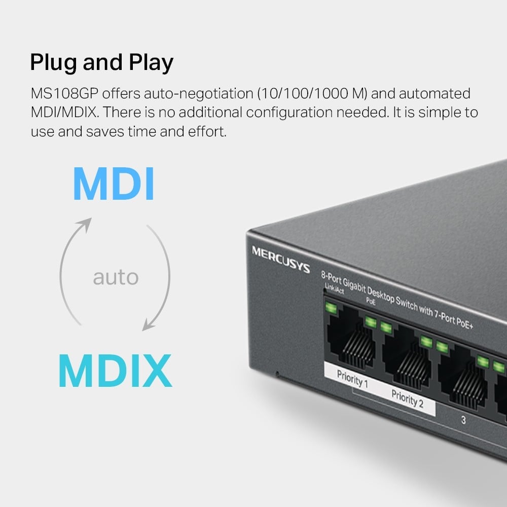 TP-LINK 8-Port Gigabit Desktop Switch with 7-Port PoE+ PORT 7x Gigabit PoE+ Ports 1x Gigabit Non-PoE Ports