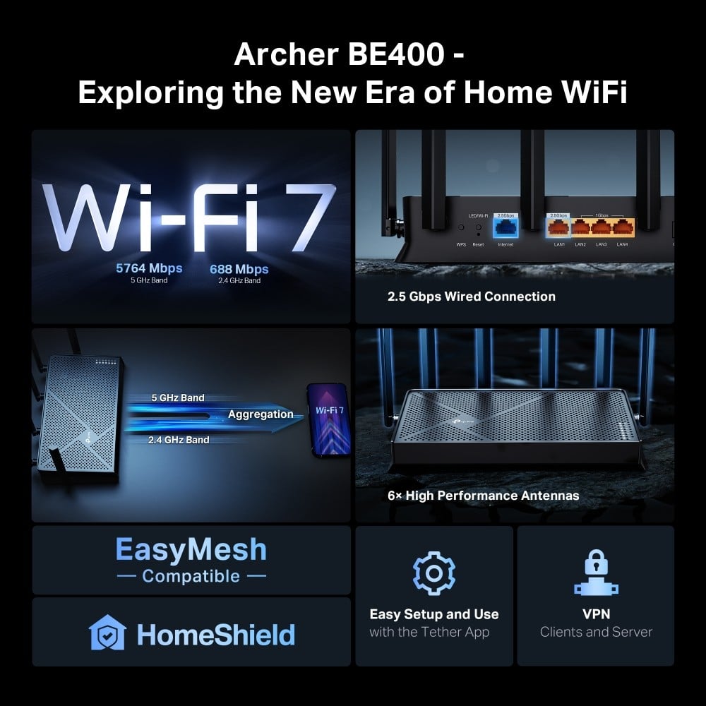 TP-LINK BE6500 Dual-Band Wi-Fi 7 Router 688Mbps at 2.4GHz + 5764Mbps at 5GHz 6xAntennas 2.0 GHz Quad-Core CPU 1x2.5Gbps WAN port