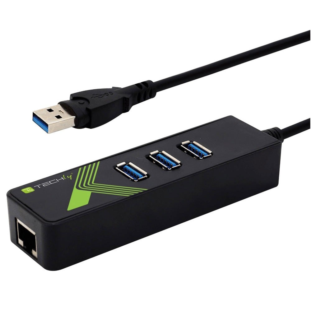 Techly IDATA USB-ETGIGA-3U2 Carte réseau/Adaptateur USB 3.0 vers RJ45 Gigabit, hub 3x USB 3.2
