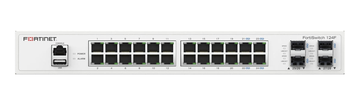 FortiSwitch-124F FortiSwitch-124F is a performance/price competitive switch with 24x GE port + 4x SFP+ port + 1x RJ45 console. Fanless design.