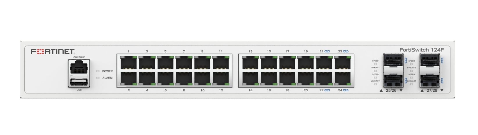 FortiSwitch-124F FortiSwitch-124F is a performance/price competitive switch with 24x GE port + 4x SFP+ port + 1x RJ45 console. Fanless design.