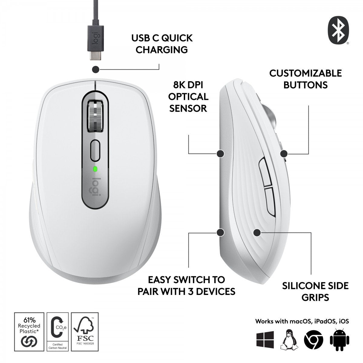 LOGITECH MX Anywhere 3S Mouse optical 6 buttons wireless Bluetooth pale grey