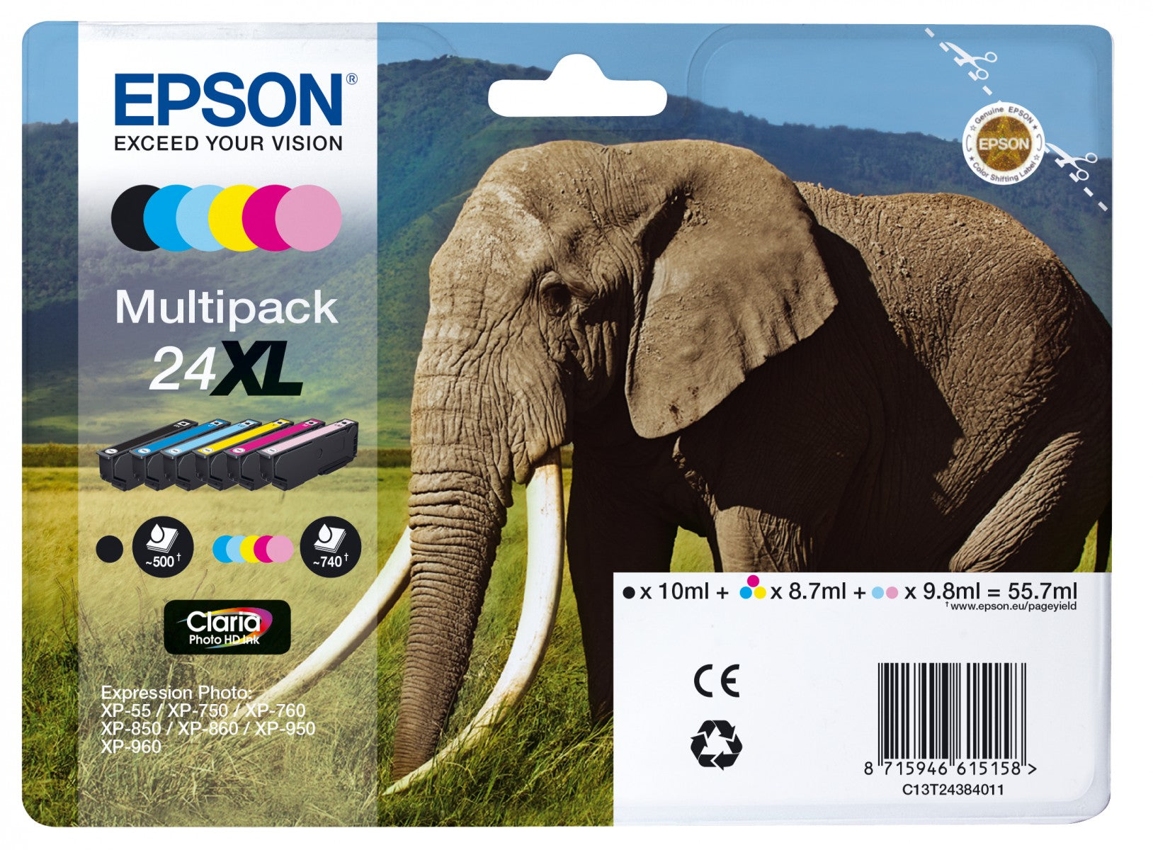 Epson Elephant C13T24384021 cartouche d'encre 6 piece(s) Original Rendement élevé (XL) Noir, Cyan, Cyan clair, Magenta, Magenta clair, Jaune